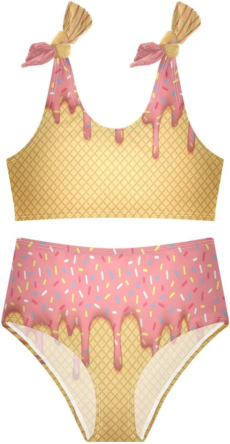 Pink Ice Cream Cone Dripping Glaze Girls Tankini Swimsuit Kids Bikini Sets 2 Pcs Bathing Suit for 3T