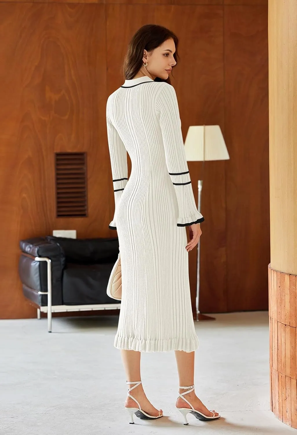 Pink Queen Women's V Neck Bodycon Sweater Dress 2024 Long Sleeve Half Button Slim Fitted Ruffle Ribbed Knit Maxi Pencil Dress