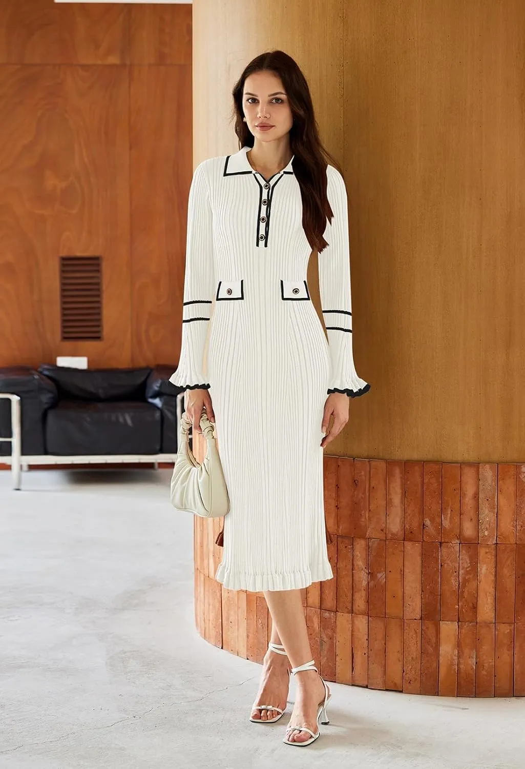 Pink Queen Women's V Neck Bodycon Sweater Dress 2024 Long Sleeve Half Button Slim Fitted Ruffle Ribbed Knit Maxi Pencil Dress