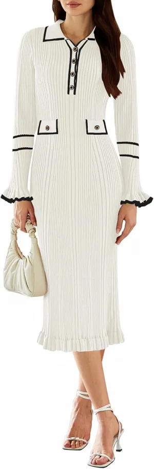 Pink Queen Women's V Neck Bodycon Sweater Dress 2024 Long Sleeve Half Button Slim Fitted Ruffle Ribbed Knit Maxi Pencil Dress