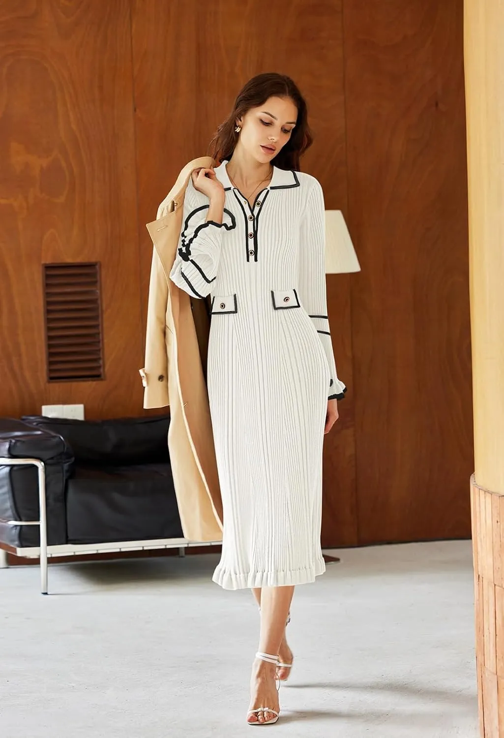 Pink Queen Women's V Neck Bodycon Sweater Dress 2024 Long Sleeve Half Button Slim Fitted Ruffle Ribbed Knit Maxi Pencil Dress