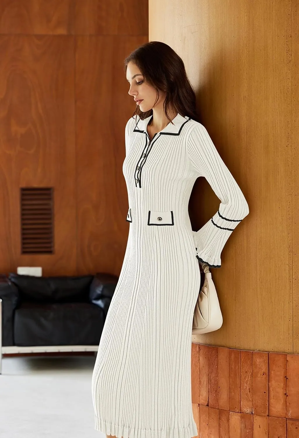 Pink Queen Women's V Neck Bodycon Sweater Dress 2024 Long Sleeve Half Button Slim Fitted Ruffle Ribbed Knit Maxi Pencil Dress
