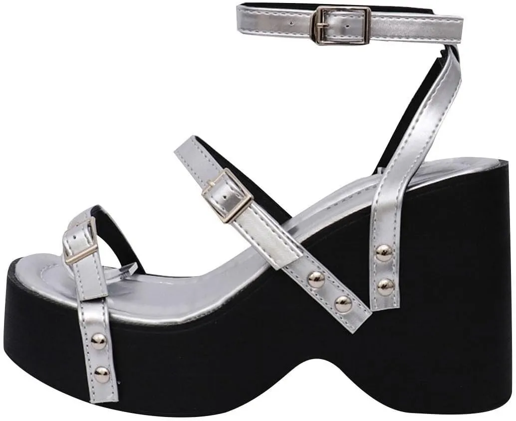Platform Sandals Women Fashion Open Toe Hollow Out Inlaid Buckle Ankle Strap Adjustable Wedge High Heels Outdoor Summer Shoes Hiking Workout Y2K