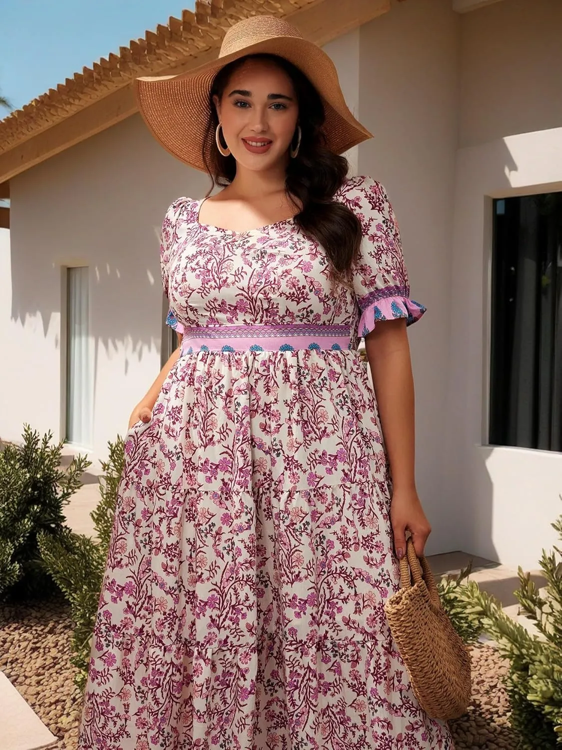 Plus Size Summer Dresses for Women 2025 Floral Maxi Dress Flowy Vacation Dress for Beach Wedding, Church, Garden Party