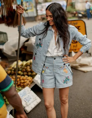 Pocket Front Denim Shorts-Ticking Stripe Embroidery