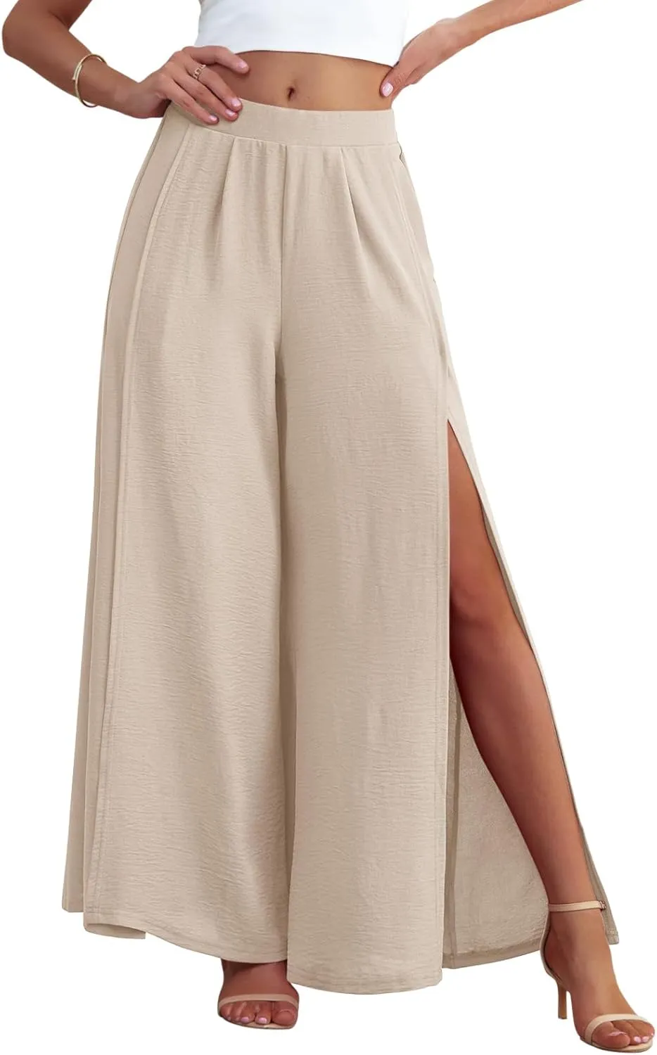 POKWAI Split Wide Leg Pants for Women Beach Vacation High Waist Lightweight Flowy Casual Summer Pants