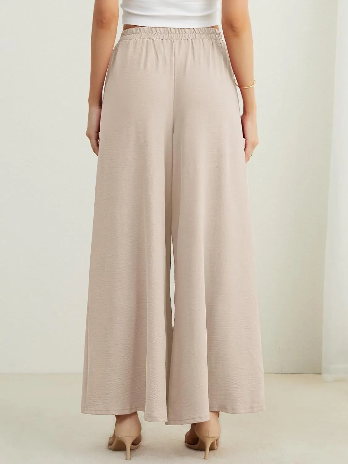 POKWAI Split Wide Leg Pants for Women Beach Vacation High Waist Lightweight Flowy Casual Summer Pants