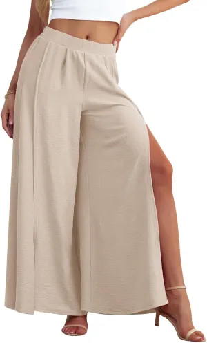 POKWAI Split Wide Leg Pants for Women Beach Vacation High Waist Lightweight Flowy Casual Summer Pants