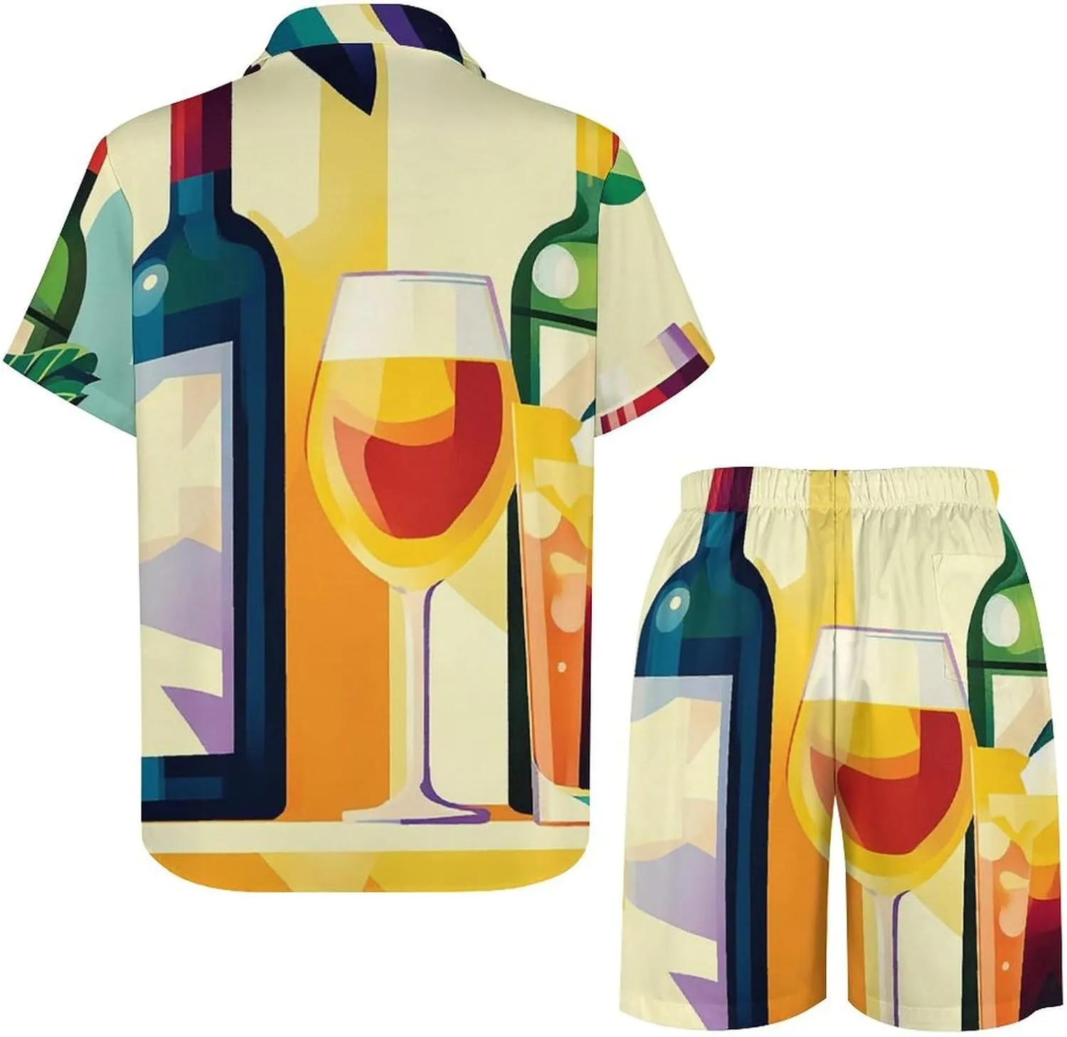 Pop Art Poster of Wine BottlesMen's Two-Piece Casual Short-Sleeved Shirt Summer Loose Vacation Suit