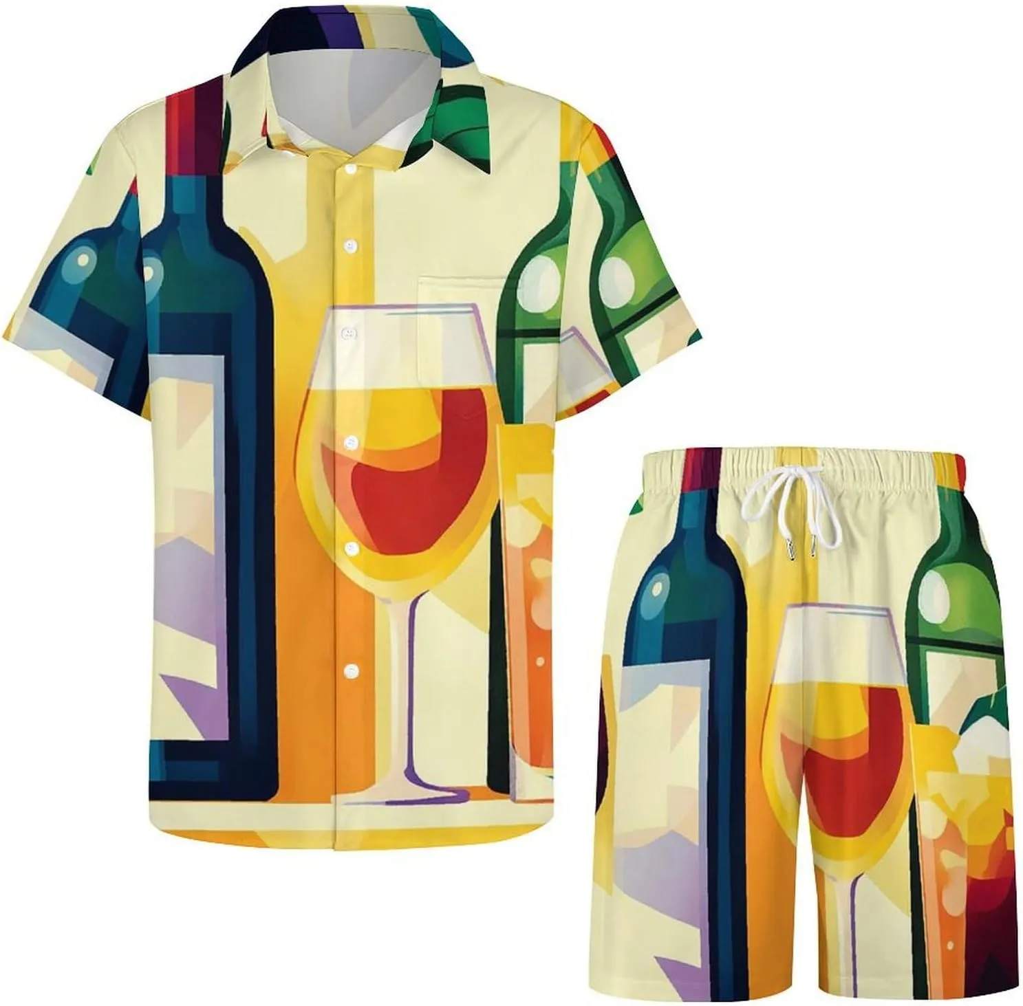 Pop Art Poster of Wine BottlesMen's Two-Piece Casual Short-Sleeved Shirt Summer Loose Vacation Suit
