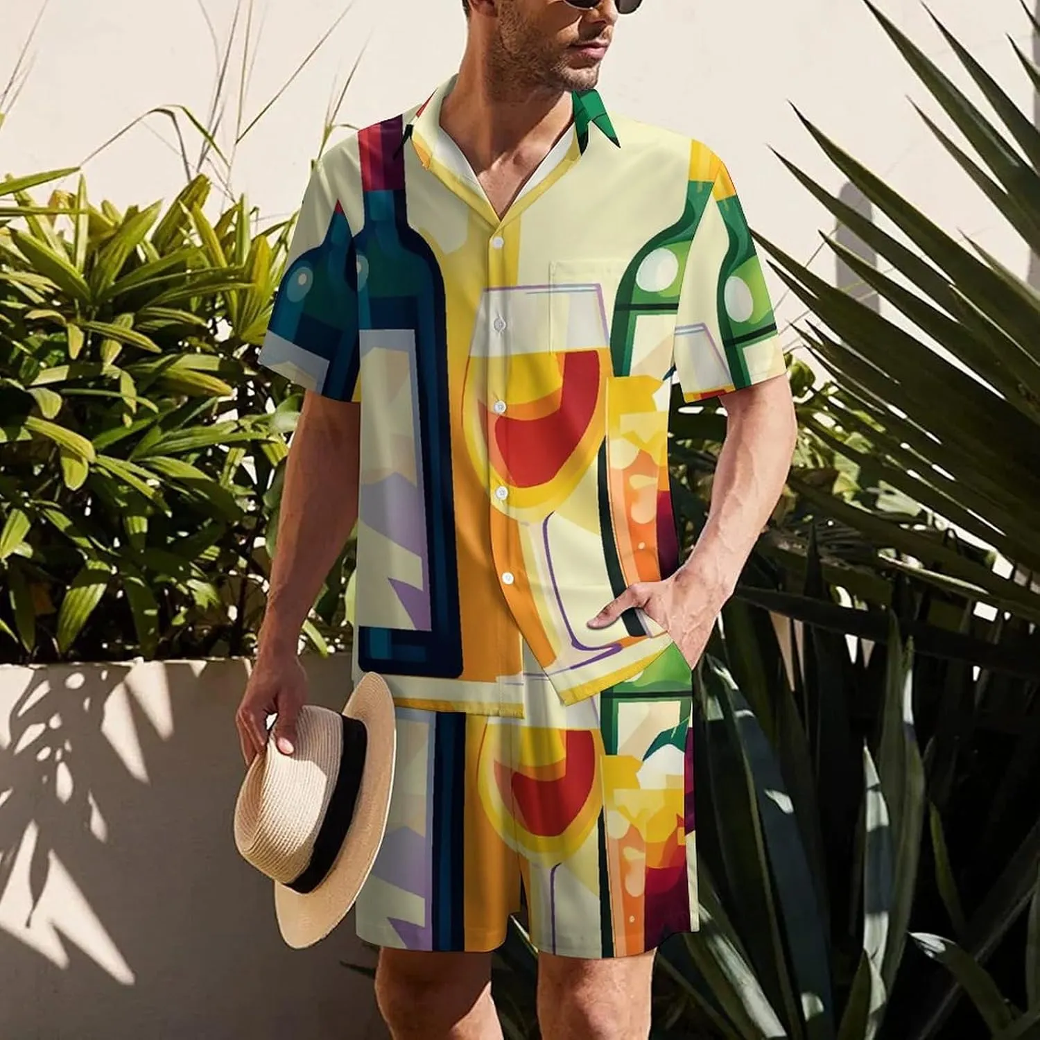 Pop Art Poster of Wine BottlesMen's Two-Piece Casual Short-Sleeved Shirt Summer Loose Vacation Suit