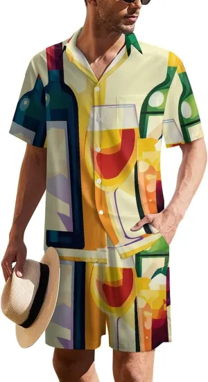 Pop Art Poster of Wine BottlesMen's Two-Piece Casual Short-Sleeved Shirt Summer Loose Vacation Suit