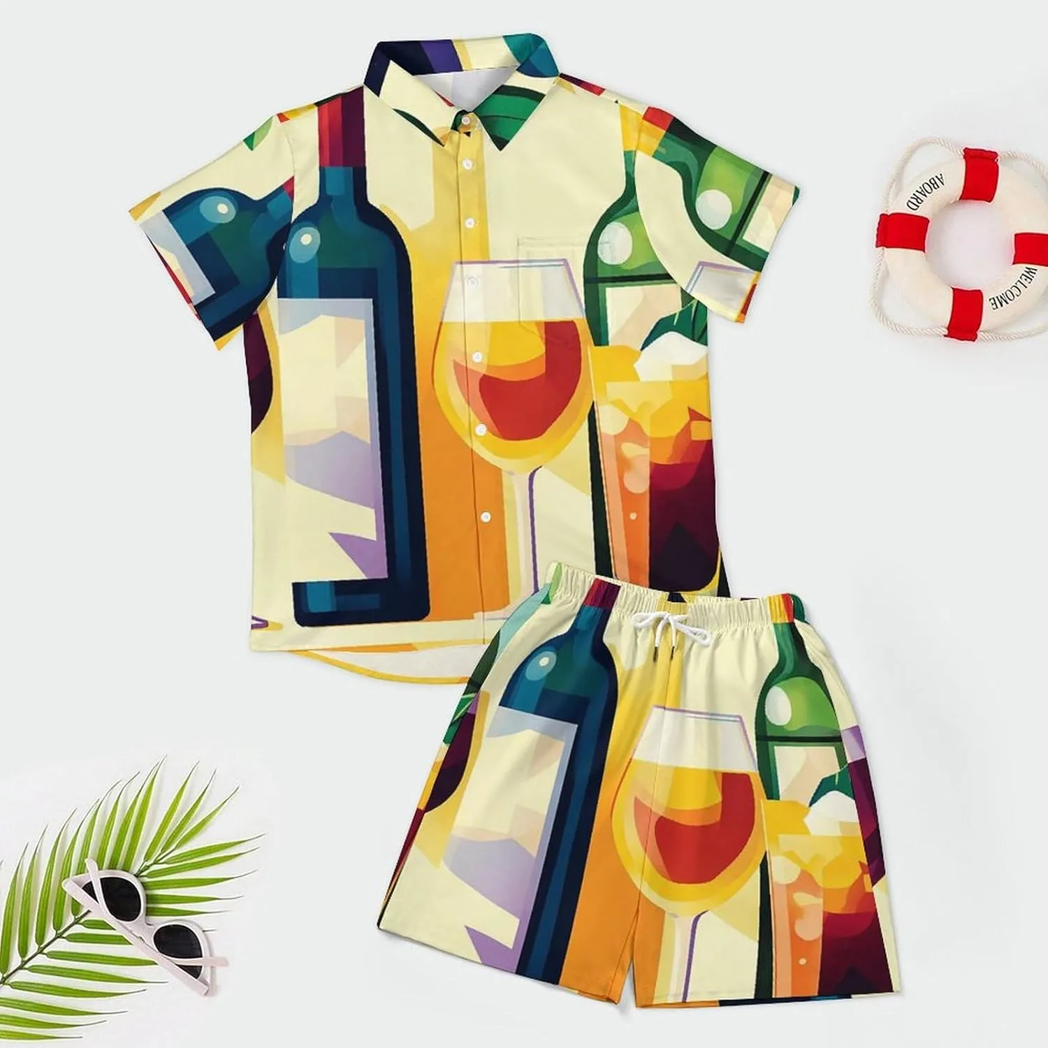 Pop Art Poster of Wine BottlesMen's Two-Piece Casual Short-Sleeved Shirt Summer Loose Vacation Suit