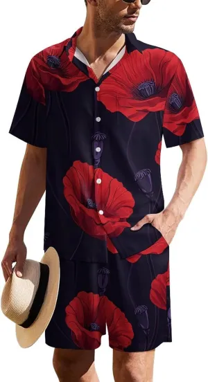 Poppy FlowersMen's Two-piece Casual Short-sleeved Shirt Summer Loose Vacation Suit