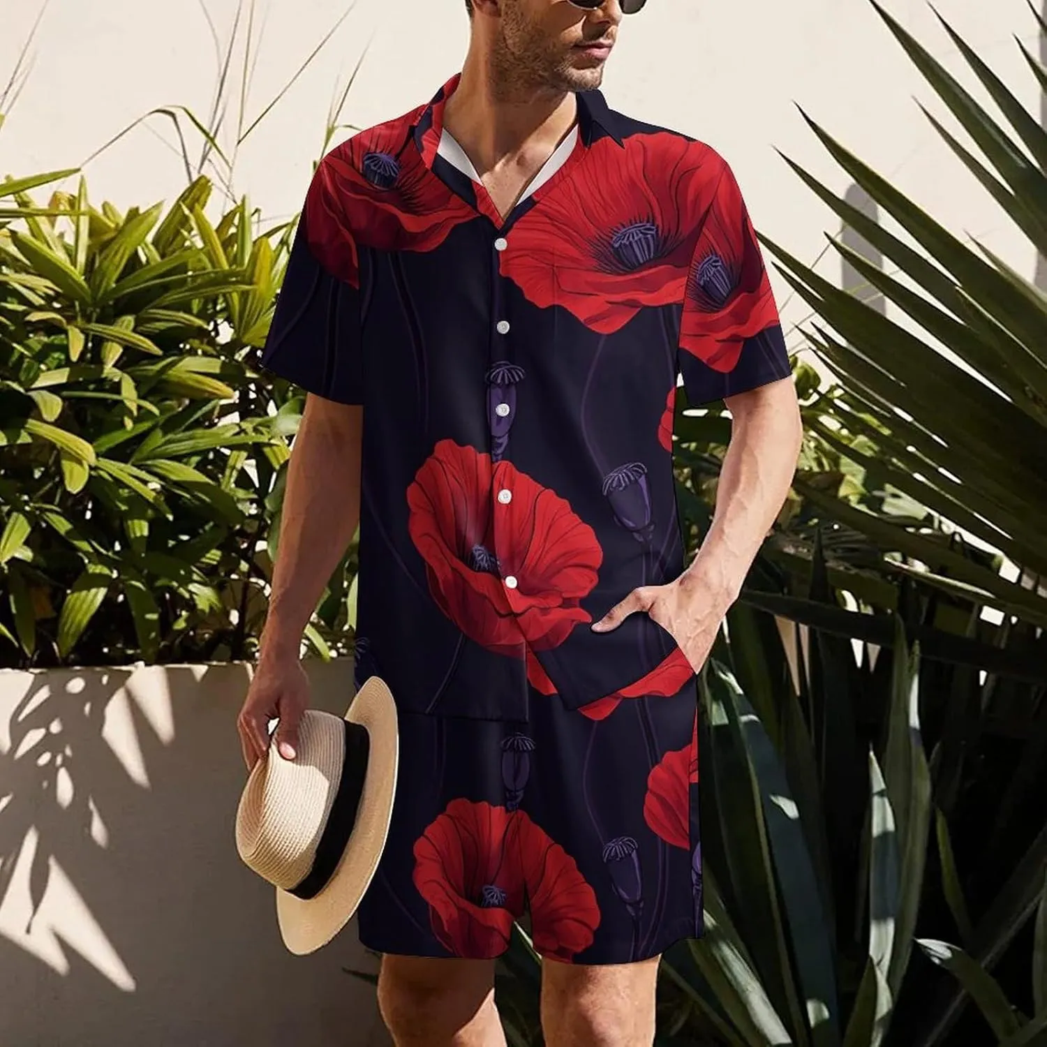 Poppy FlowersMen's Two-piece Casual Short-sleeved Shirt Summer Loose Vacation Suit