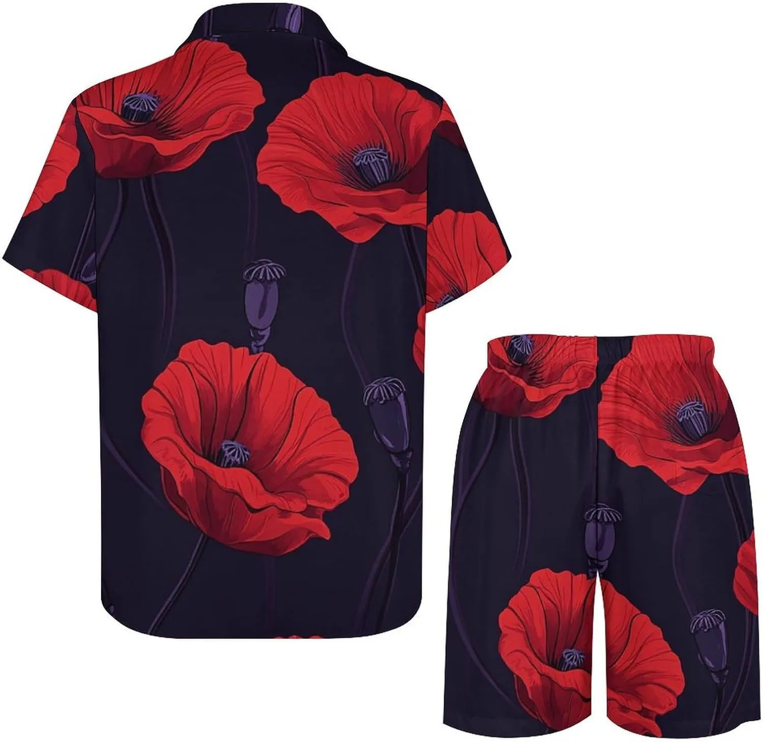 Poppy FlowersMen's Two-piece Casual Short-sleeved Shirt Summer Loose Vacation Suit