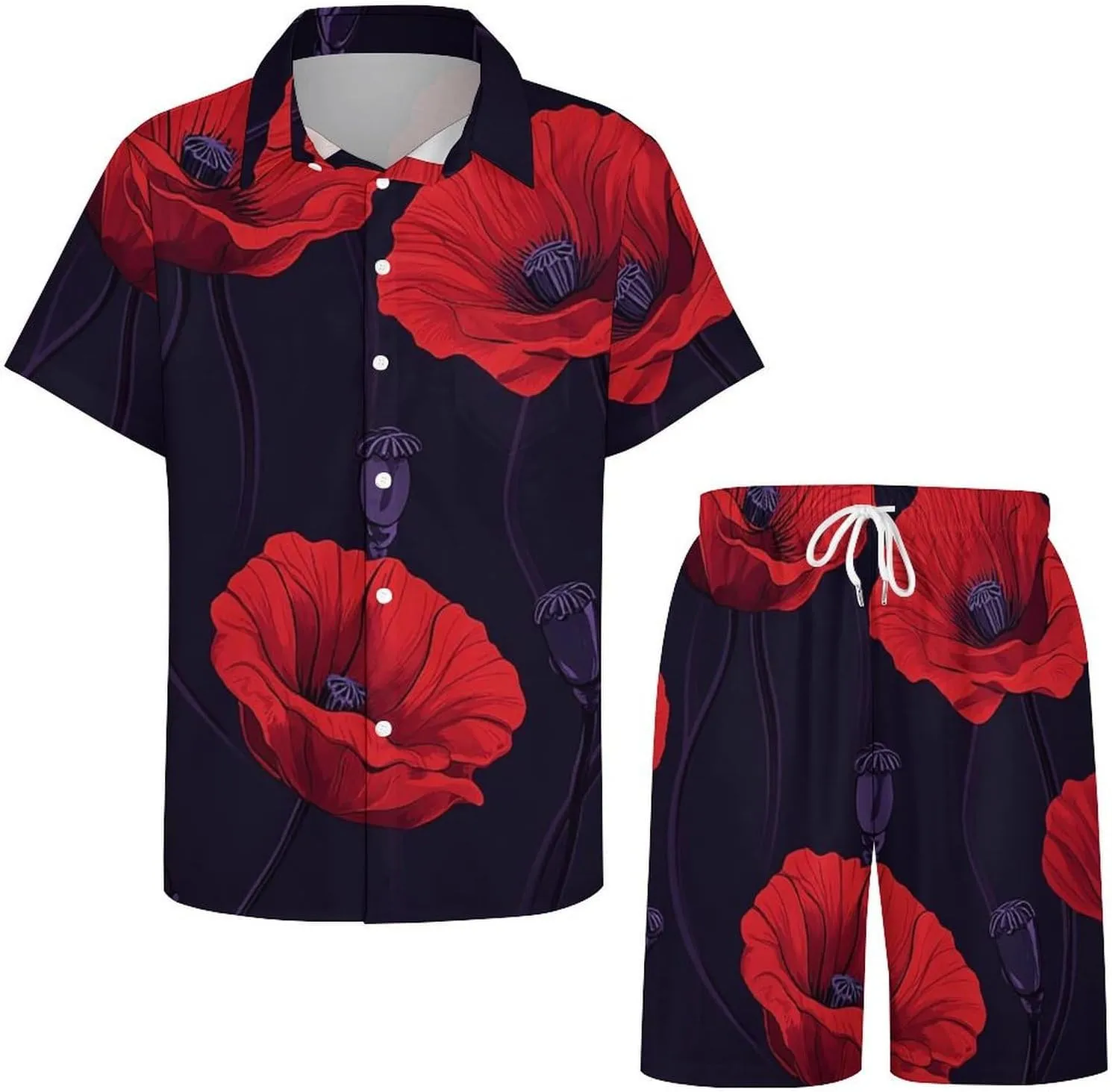 Poppy FlowersMen's Two-piece Casual Short-sleeved Shirt Summer Loose Vacation Suit