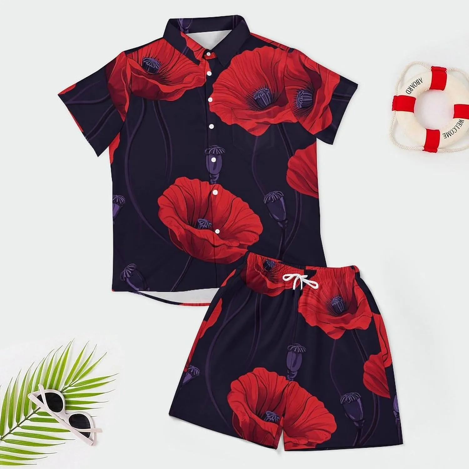 Poppy FlowersMen's Two-piece Casual Short-sleeved Shirt Summer Loose Vacation Suit