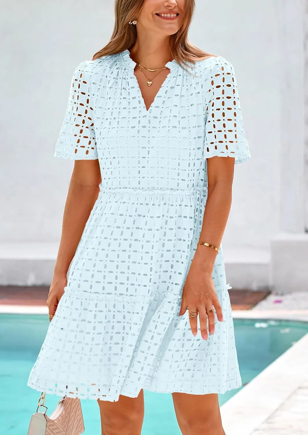 PRETTYGARDEN Summer Dresses for Women 2025 V Neck Hollow Out Eyelet Ruffle A Line Swing Short Beach Vacation Dress