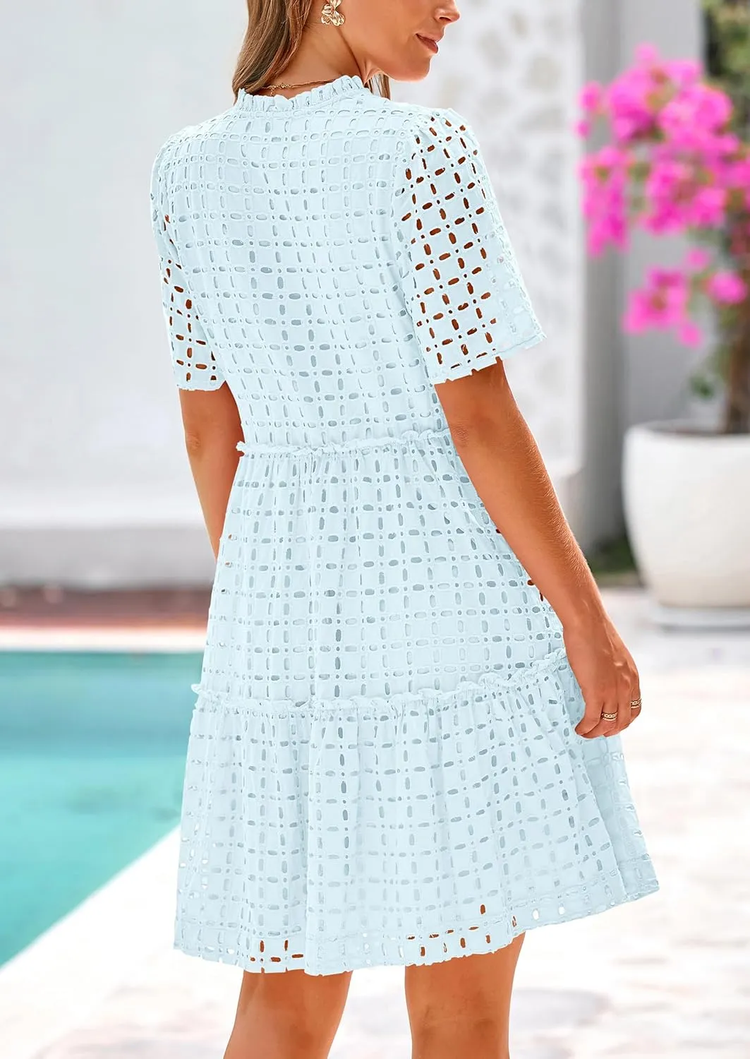 PRETTYGARDEN Summer Dresses for Women 2025 V Neck Hollow Out Eyelet Ruffle A Line Swing Short Beach Vacation Dress