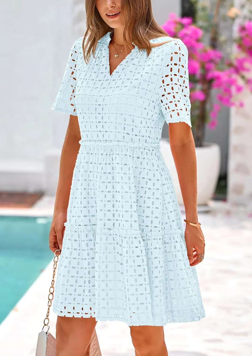 PRETTYGARDEN Summer Dresses for Women 2025 V Neck Hollow Out Eyelet Ruffle A Line Swing Short Beach Vacation Dress