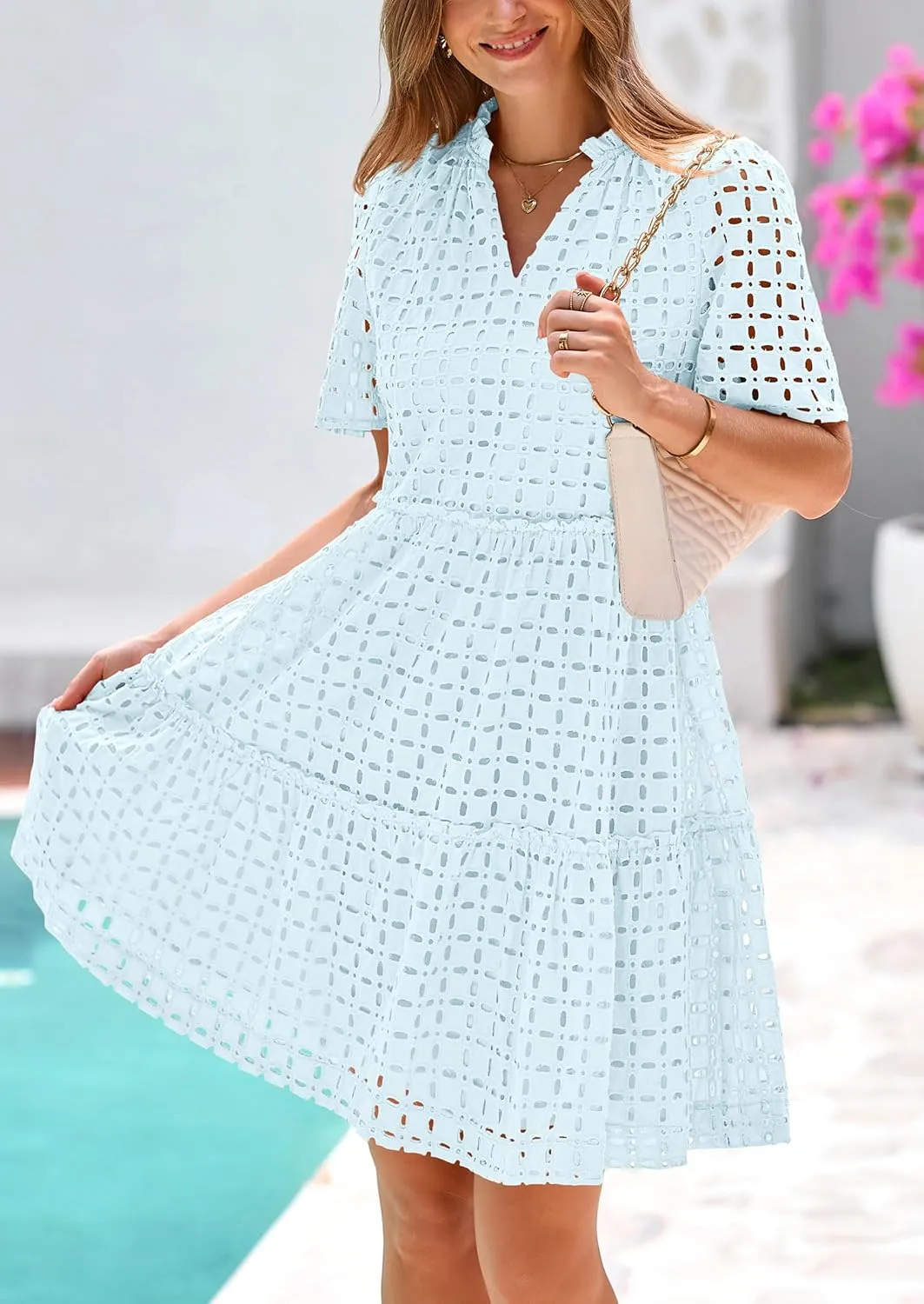 PRETTYGARDEN Summer Dresses for Women 2025 V Neck Hollow Out Eyelet Ruffle A Line Swing Short Beach Vacation Dress