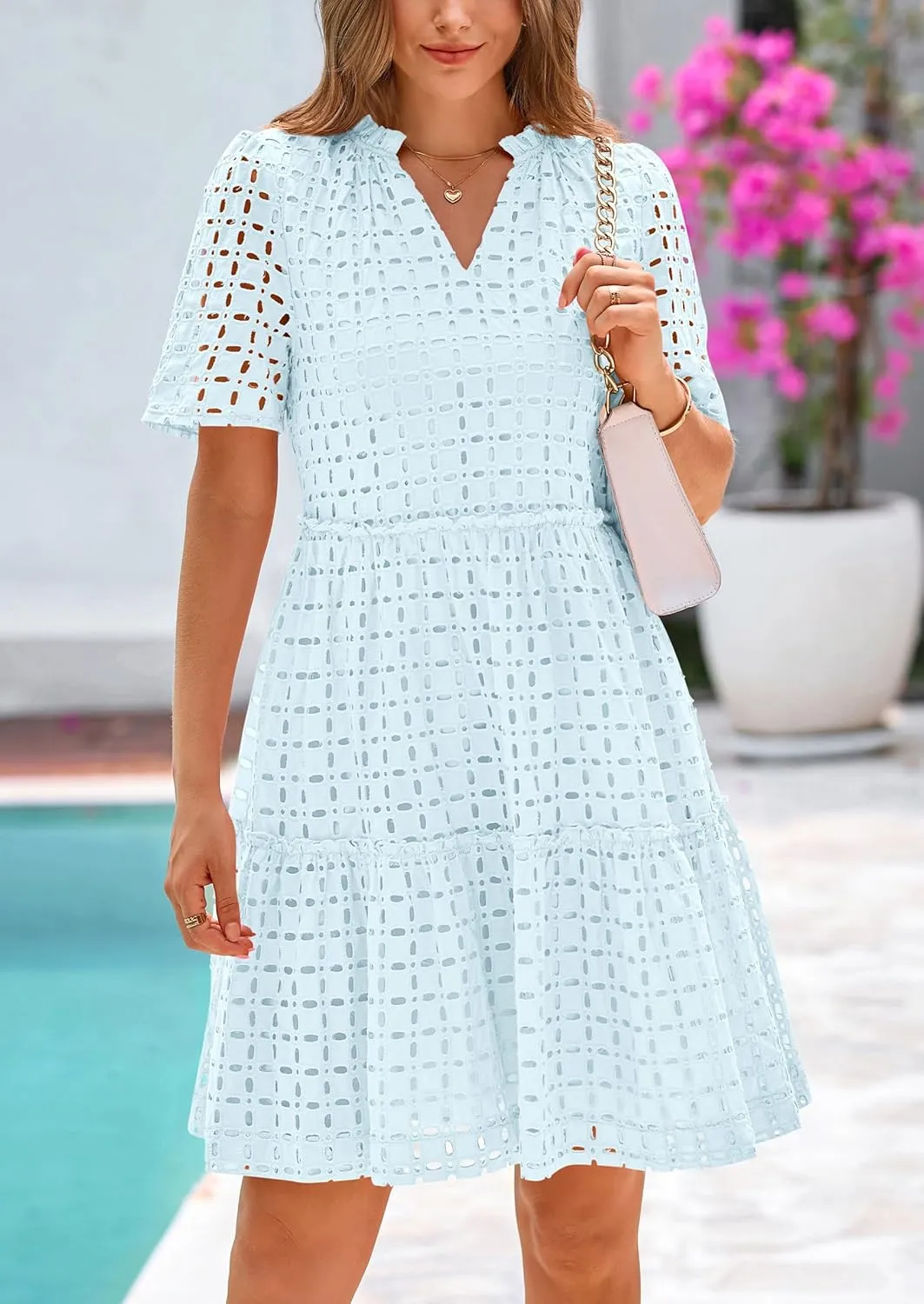PRETTYGARDEN Summer Dresses for Women 2025 V Neck Hollow Out Eyelet Ruffle A Line Swing Short Beach Vacation Dress