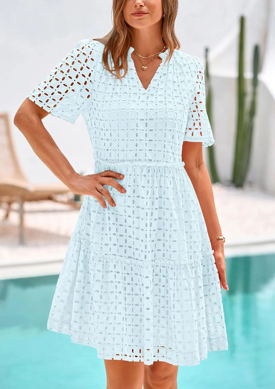 PRETTYGARDEN Summer Dresses for Women 2025 V Neck Hollow Out Eyelet Ruffle A Line Swing Short Beach Vacation Dress
