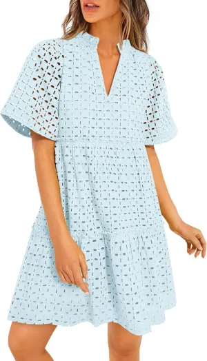 PRETTYGARDEN Summer Dresses for Women 2025 V Neck Hollow Out Eyelet Ruffle A Line Swing Short Beach Vacation Dress