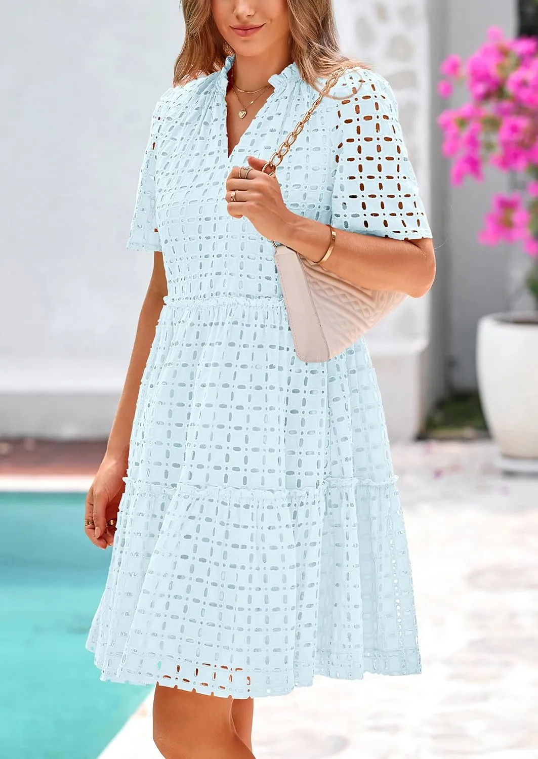 PRETTYGARDEN Summer Dresses for Women 2025 V Neck Hollow Out Eyelet Ruffle A Line Swing Short Beach Vacation Dress