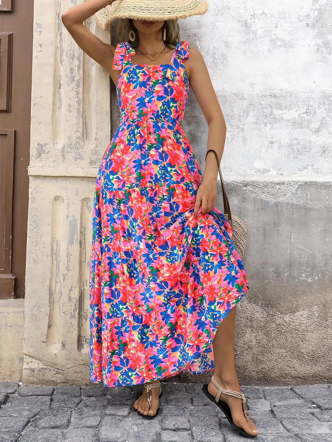 PRETTYGARDEN Womens Dresses 2025 Summer Floral Sleeveless Maxi Dress Casual Spaghetti Strap Tiered Flowy Beach Long Dress
