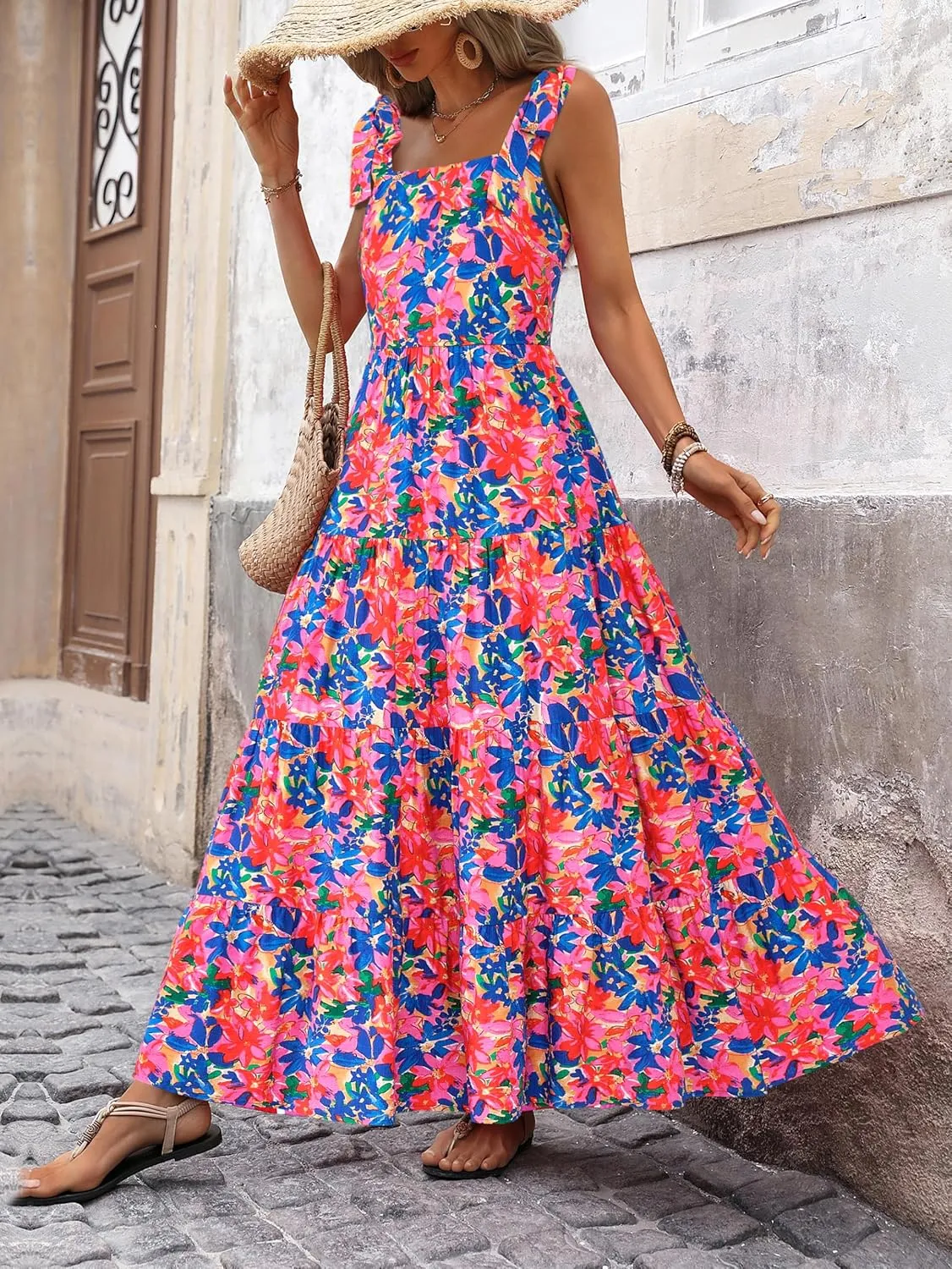 PRETTYGARDEN Womens Dresses 2025 Summer Floral Sleeveless Maxi Dress Casual Spaghetti Strap Tiered Flowy Beach Long Dress