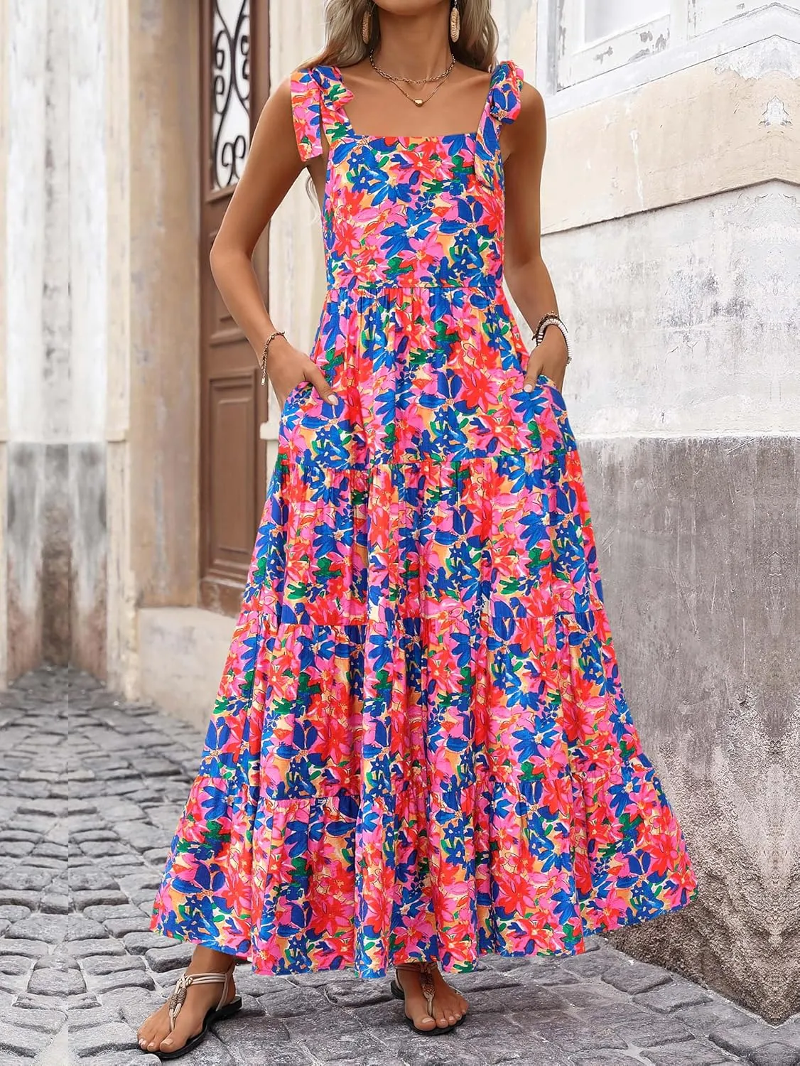 PRETTYGARDEN Womens Dresses 2025 Summer Floral Sleeveless Maxi Dress Casual Spaghetti Strap Tiered Flowy Beach Long Dress
