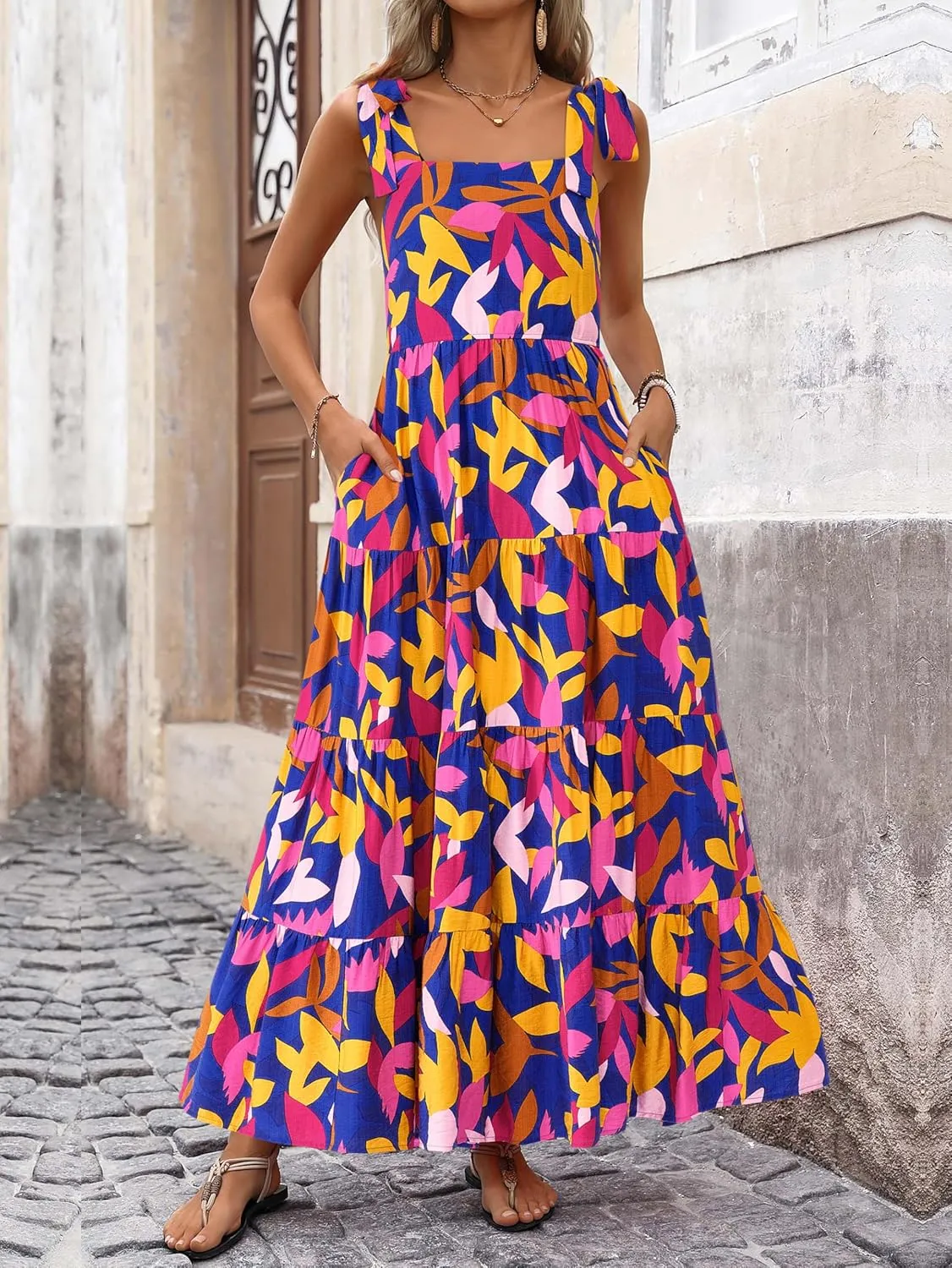 PRETTYGARDEN Womens Dresses 2025 Summer Sleeveless Maxi Dress Square Neck Floral Spaghetti Strap Aline Flowy Beach Long Dress