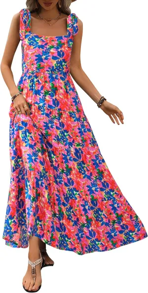 PRETTYGARDEN Womens Dresses 2025 Summer Sleeveless Maxi Dress Square Neck Floral Spaghetti Strap Aline Flowy Beach Long Dress