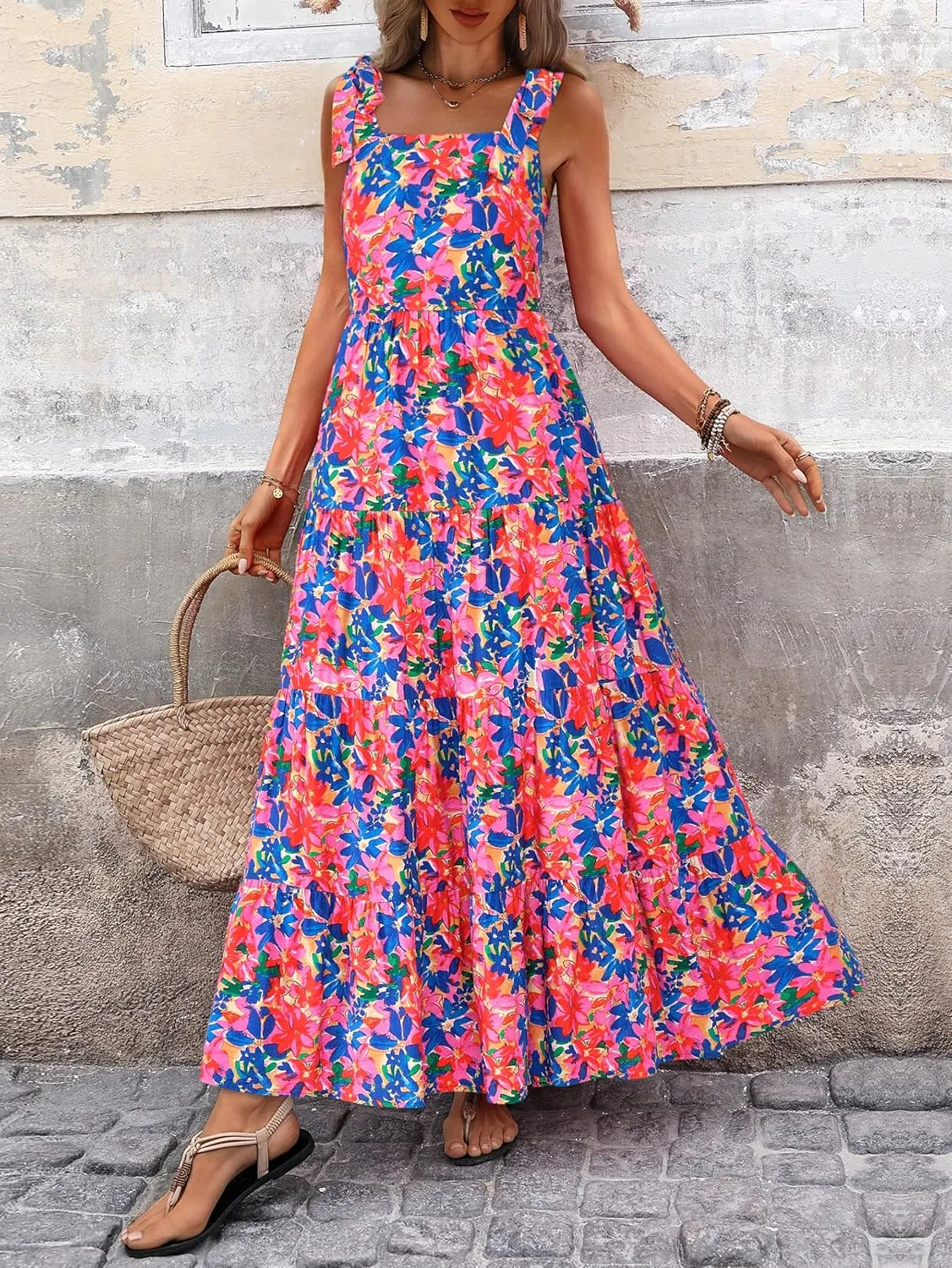 PRETTYGARDEN Womens Dresses 2025 Summer Sleeveless Maxi Dress Square Neck Floral Spaghetti Strap Aline Flowy Beach Long Dress