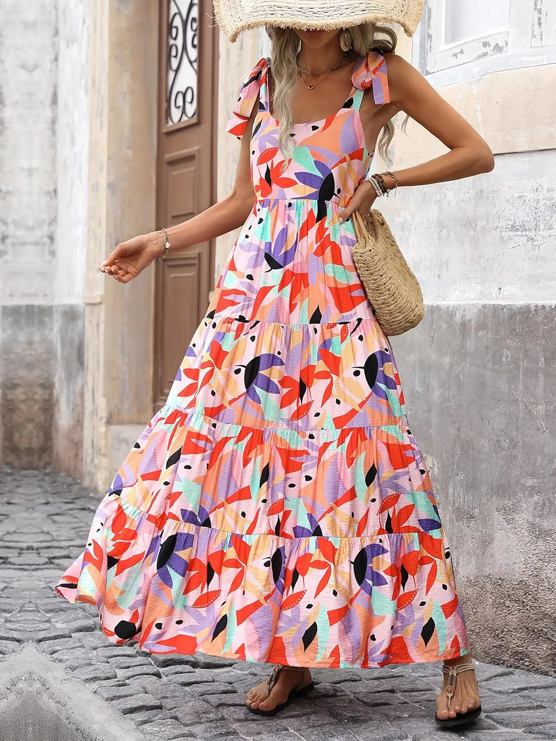 PRETTYGARDEN Womens Dresses 2025 Summer Sleeveless Maxi Dress Square Neck Floral Spaghetti Strap Aline Flowy Beach Long Dress