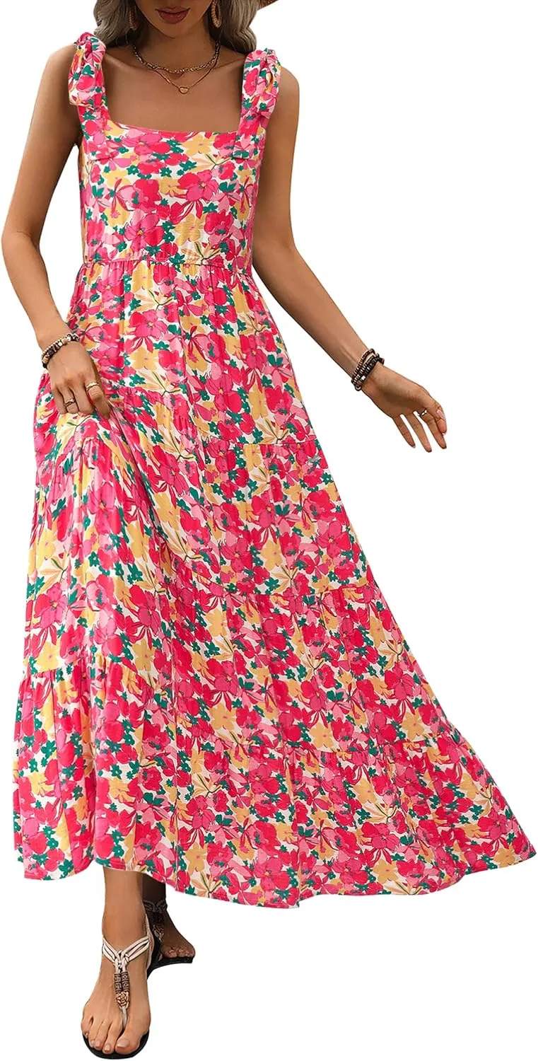 PRETTYGARDEN Womens Dresses 2025 Summer Sleeveless Maxi Dress Square Neck Floral Spaghetti Strap Aline Flowy Beach Long Dress
