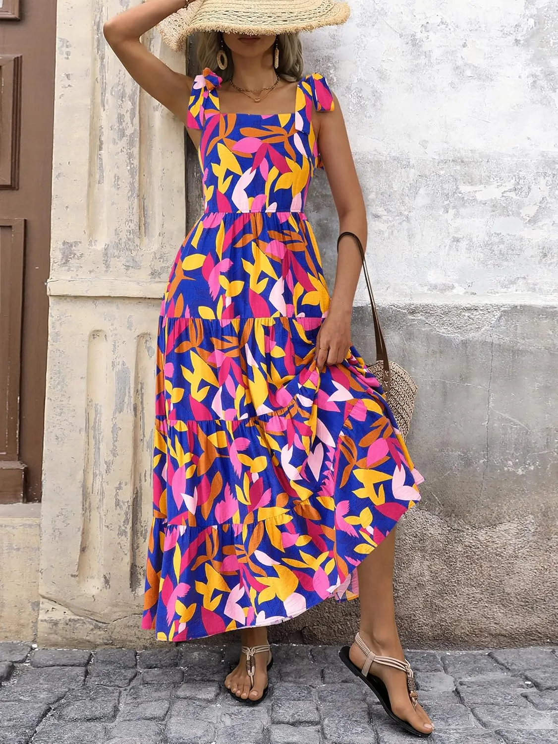 PRETTYGARDEN Womens Dresses 2025 Summer Sleeveless Maxi Dress Square Neck Floral Spaghetti Strap Aline Flowy Beach Long Dress