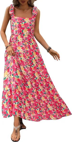 PRETTYGARDEN Womens Dresses 2025 Summer Sleeveless Maxi Dress Square Neck Floral Spaghetti Strap Aline Flowy Beach Long Dress
