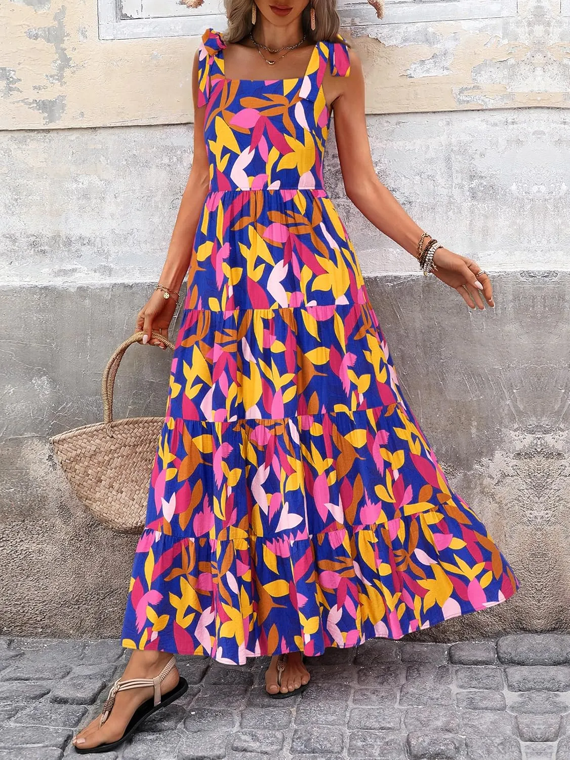 PRETTYGARDEN Womens Dresses 2025 Summer Sleeveless Maxi Dress Square Neck Floral Spaghetti Strap Aline Flowy Beach Long Dress