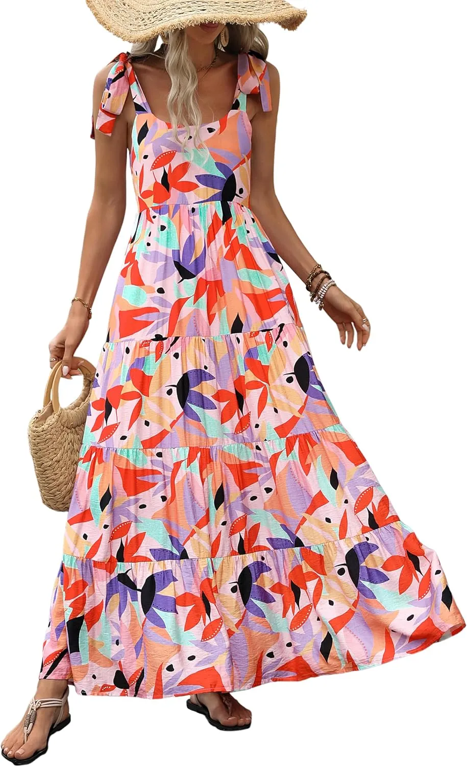 PRETTYGARDEN Womens Dresses 2025 Summer Sleeveless Maxi Dress Square Neck Floral Spaghetti Strap Aline Flowy Beach Long Dress