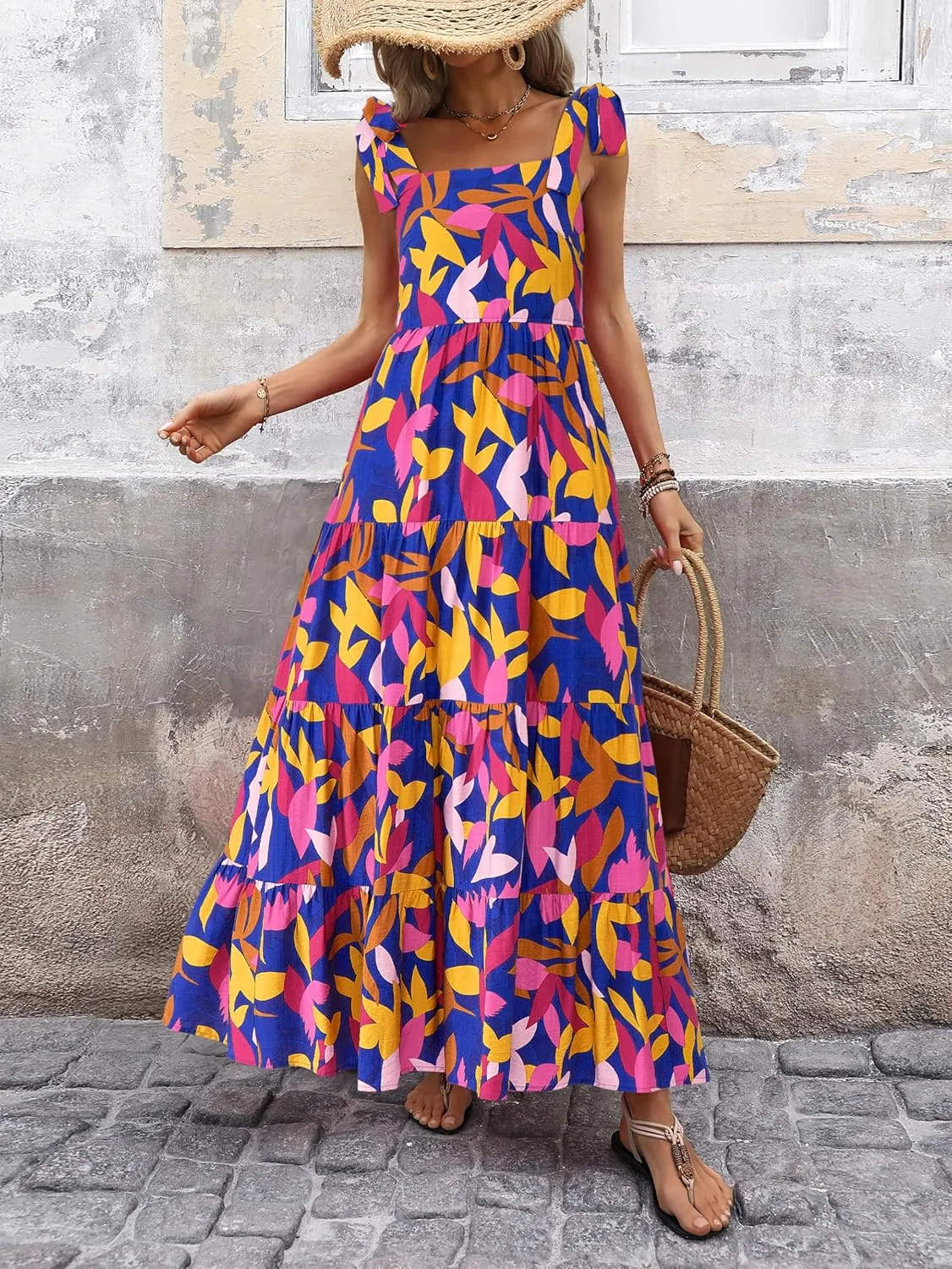 PRETTYGARDEN Womens Dresses 2025 Summer Sleeveless Maxi Dress Square Neck Floral Spaghetti Strap Aline Flowy Beach Long Dress