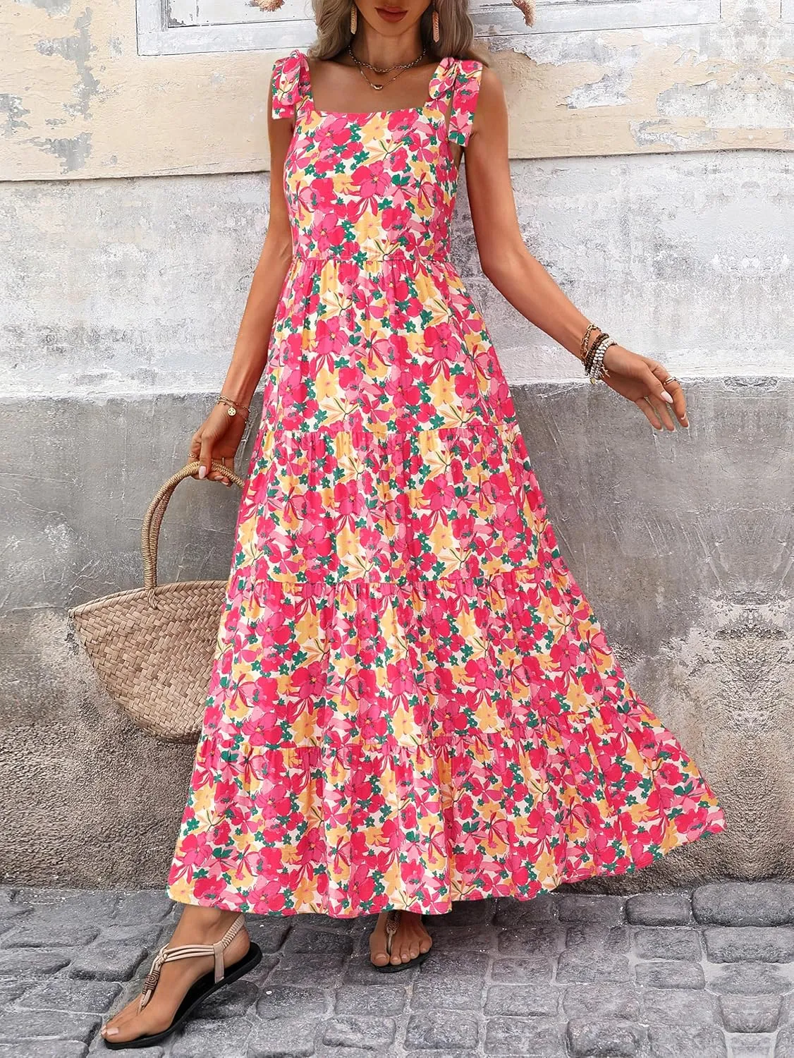 PRETTYGARDEN Womens Dresses 2025 Summer Sleeveless Maxi Dress Square Neck Floral Spaghetti Strap Aline Flowy Beach Long Dress