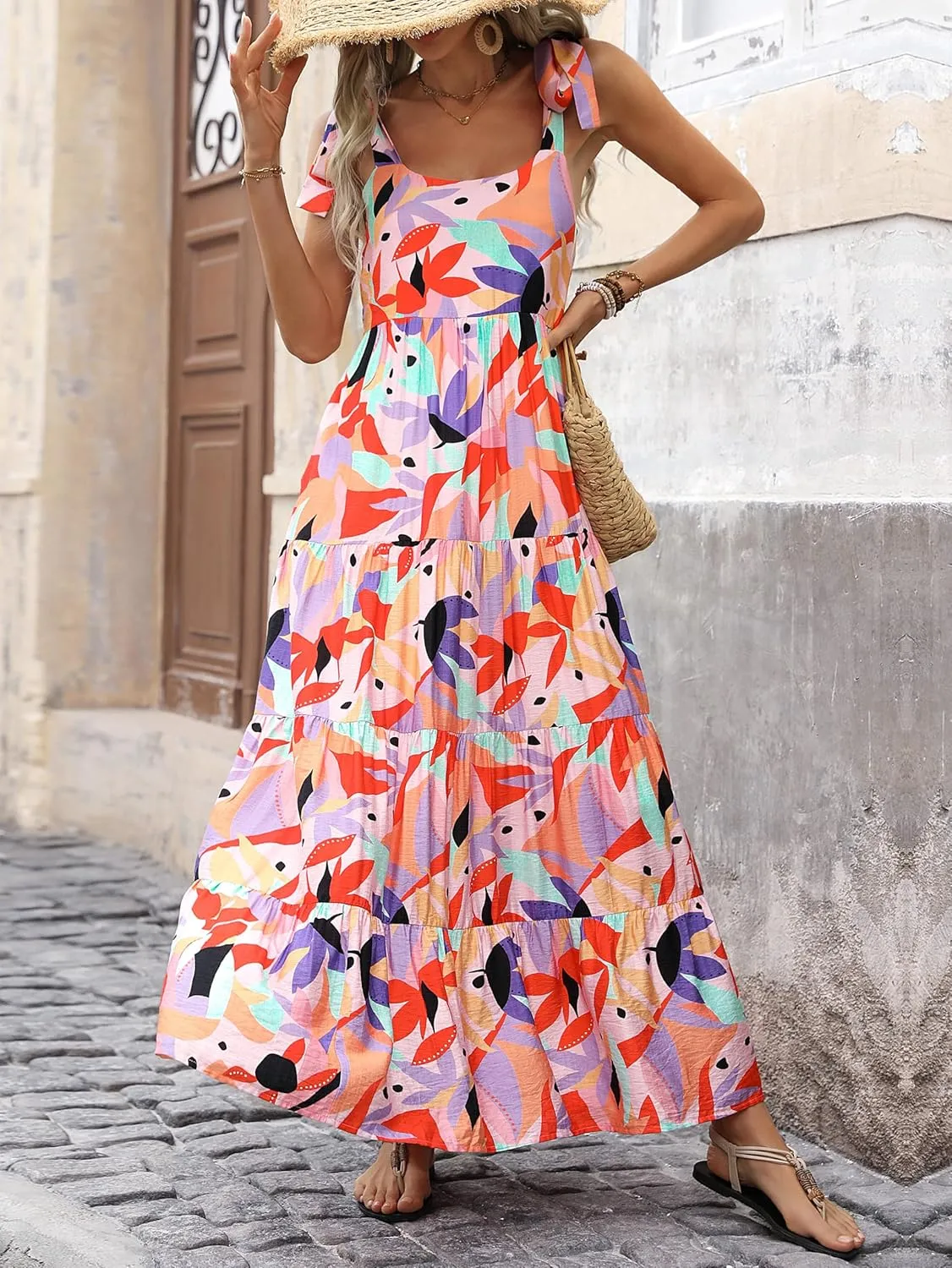 PRETTYGARDEN Womens Dresses 2025 Summer Sleeveless Maxi Dress Square Neck Floral Spaghetti Strap Aline Flowy Beach Long Dress