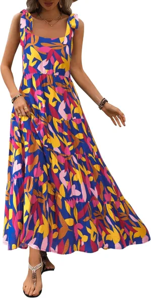 PRETTYGARDEN Womens Dresses 2025 Summer Sleeveless Maxi Dress Square Neck Floral Spaghetti Strap Aline Flowy Beach Long Dress