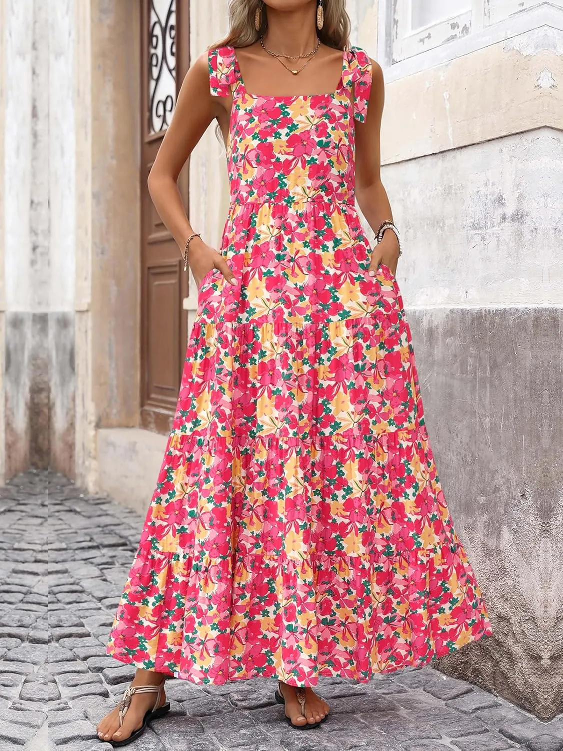 PRETTYGARDEN Womens Dresses 2025 Summer Sleeveless Maxi Dress Square Neck Floral Spaghetti Strap Aline Flowy Beach Long Dress