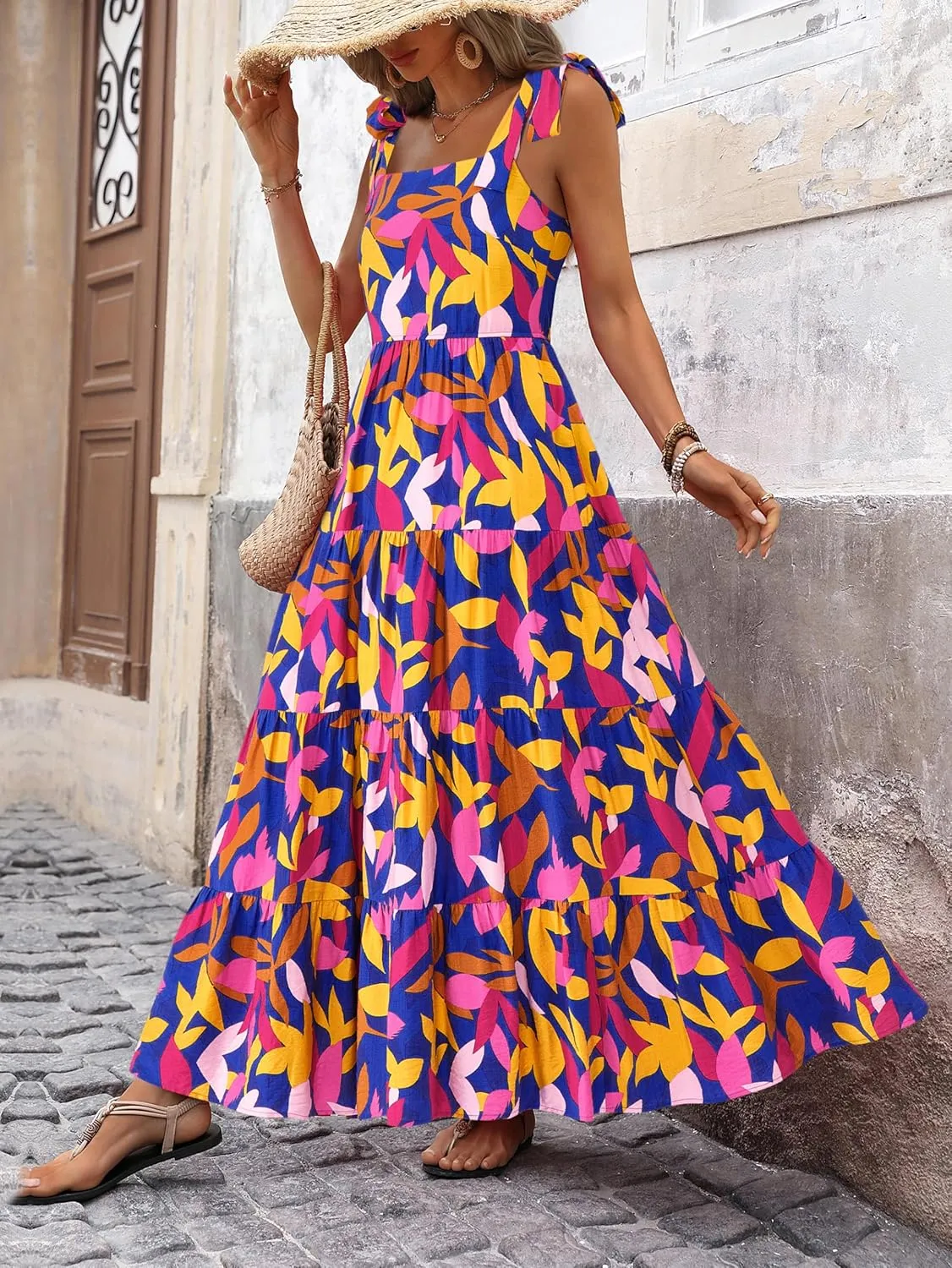 PRETTYGARDEN Womens Dresses 2025 Summer Sleeveless Maxi Dress Square Neck Floral Spaghetti Strap Aline Flowy Beach Long Dress