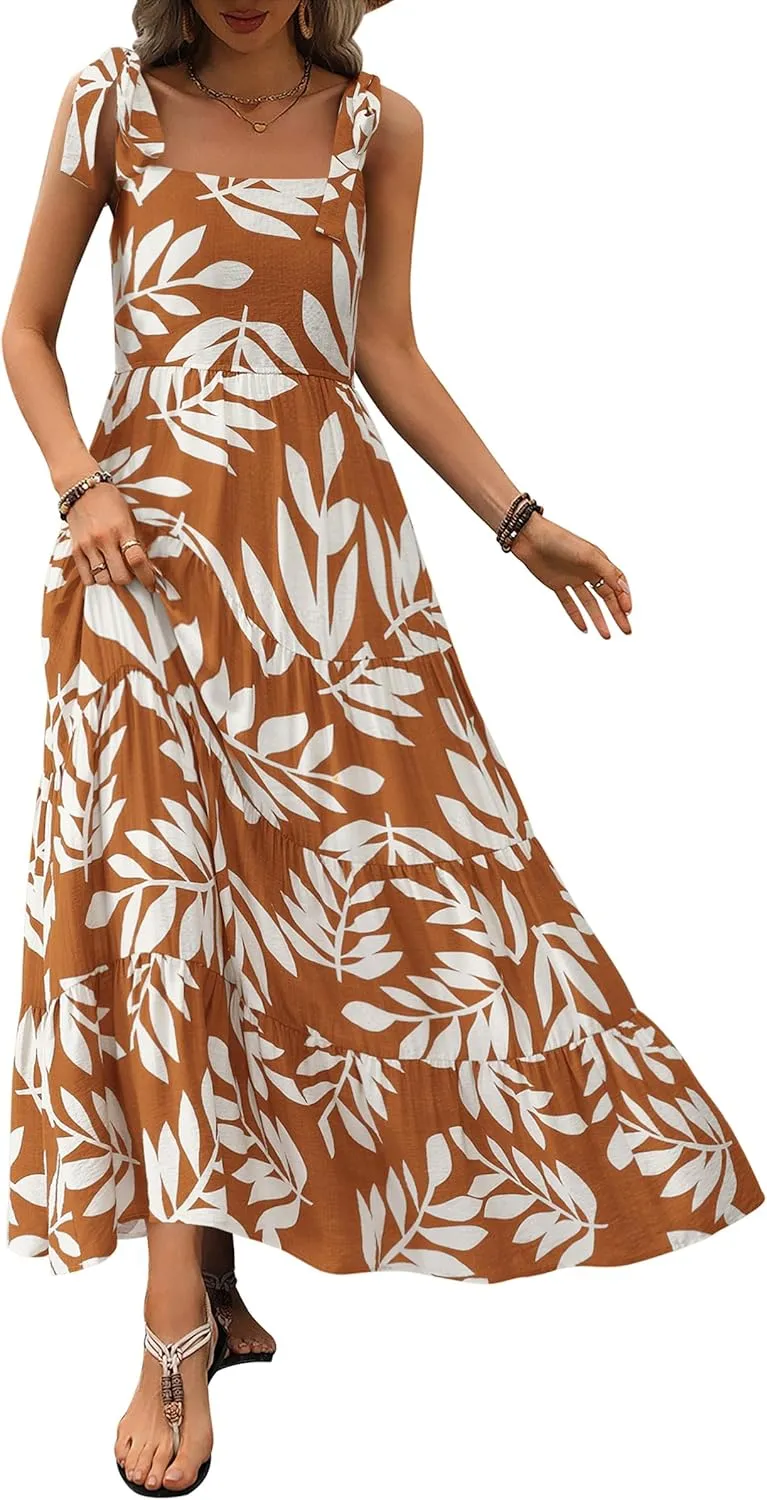 PRETTYGARDEN Womens Dresses 2025 Summer Sleeveless Maxi Dress Square Neck Floral Spaghetti Strap Aline Flowy Beach Long Dress