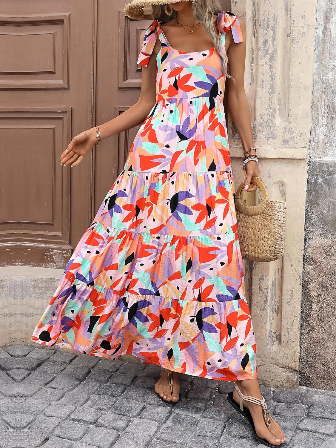 PRETTYGARDEN Womens Dresses 2025 Summer Sleeveless Maxi Dress Square Neck Floral Spaghetti Strap Aline Flowy Beach Long Dress